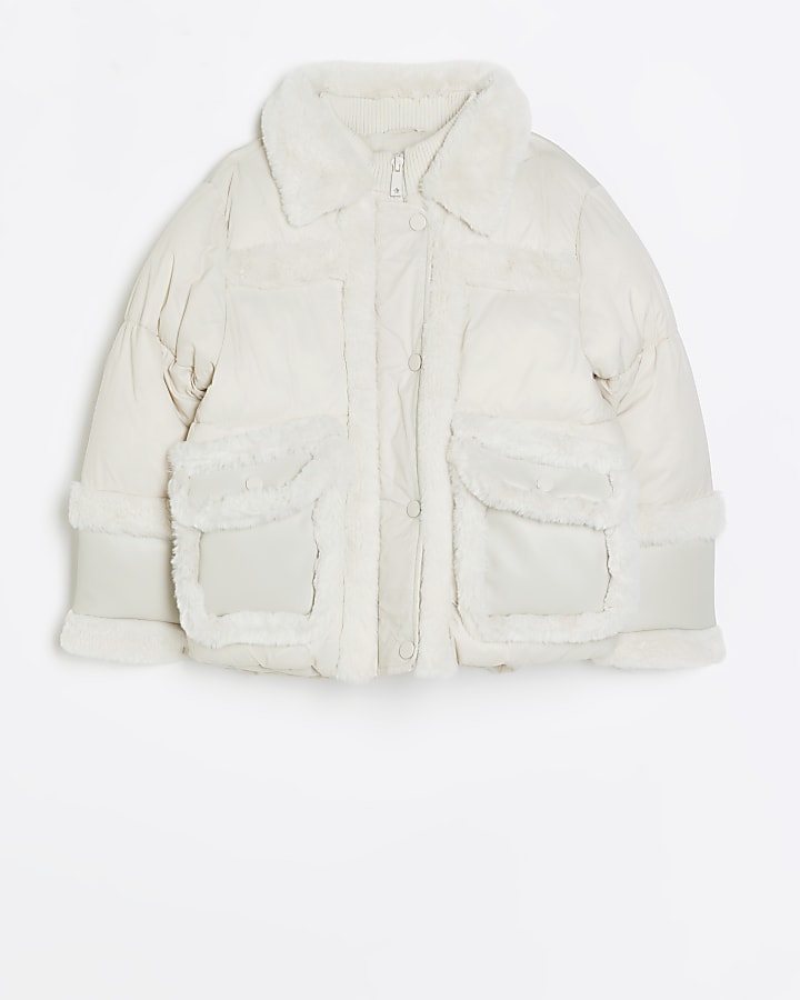 Girls cream puffer aviator coat
