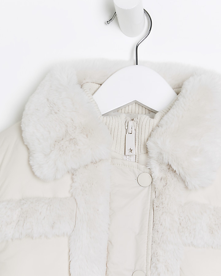 Mini girls cream puffer aviator coat