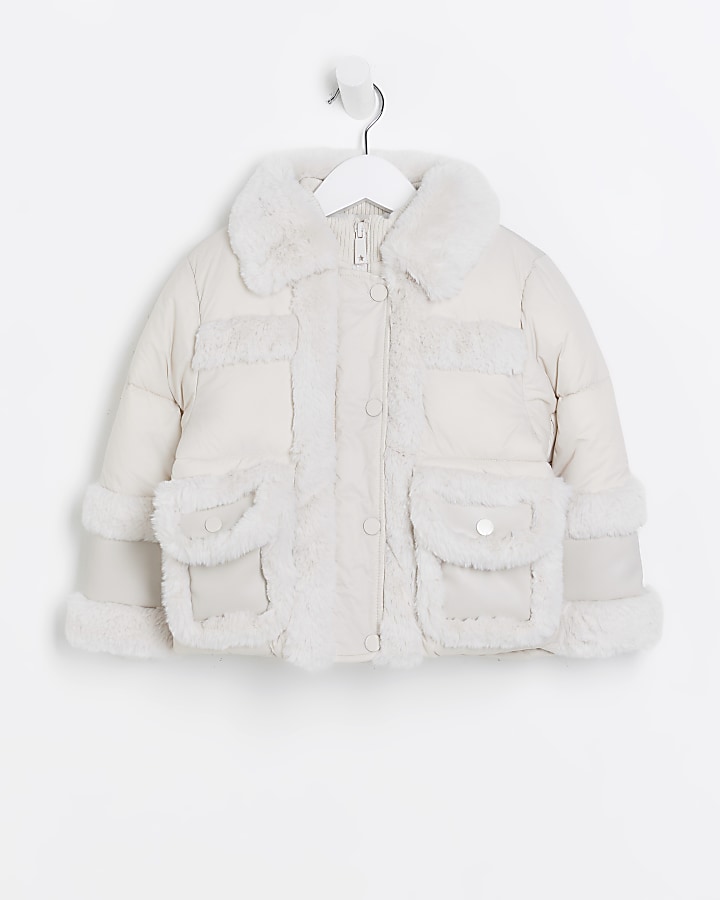 Mini girls cream puffer aviator coat