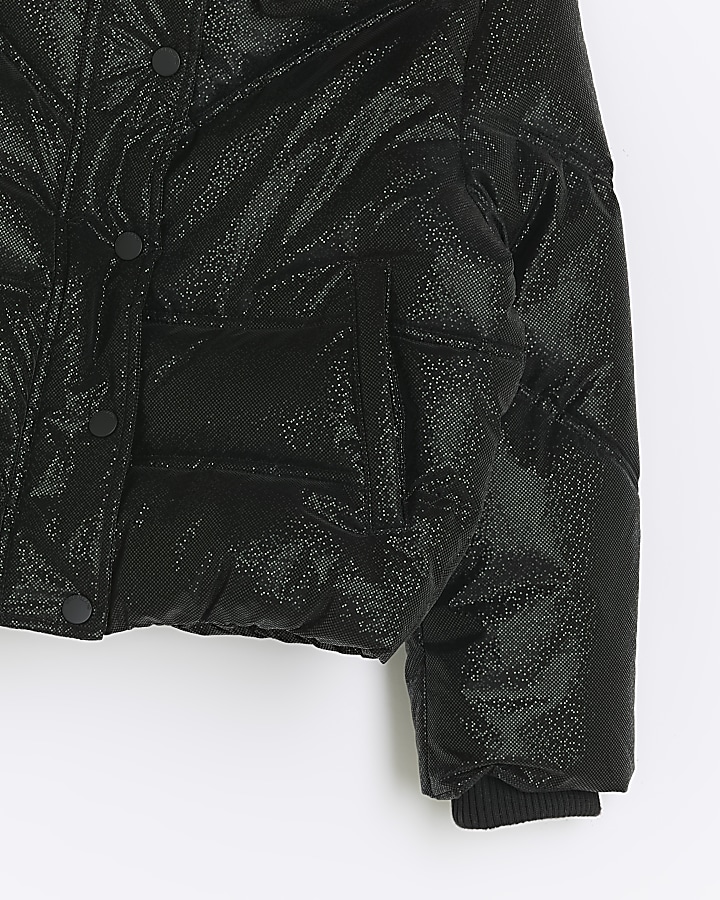 Girls black glitter hooded puffer coat