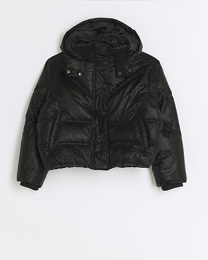 Girls black glitter hooded puffer coat | River Island