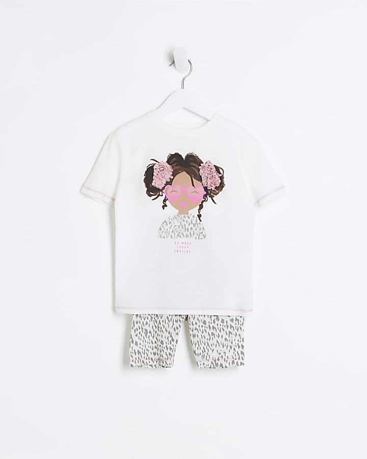 Mini girls ecru print t-shirt and shorts set