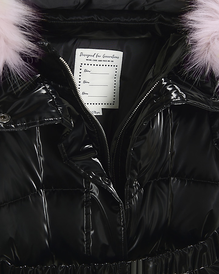 Girls black shine belted puffer coat