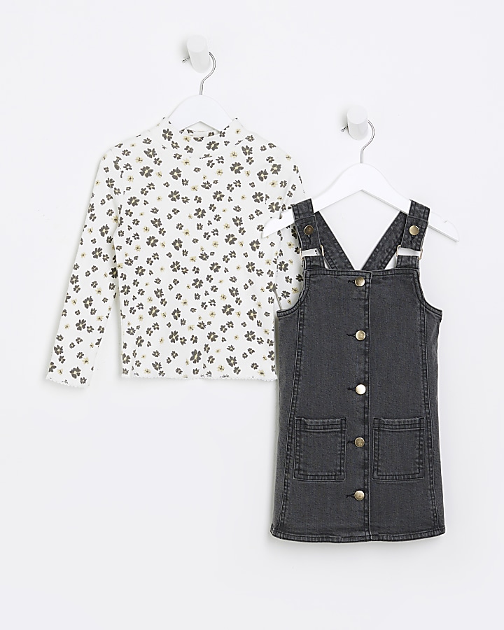 Girls black denim on sale pinafore