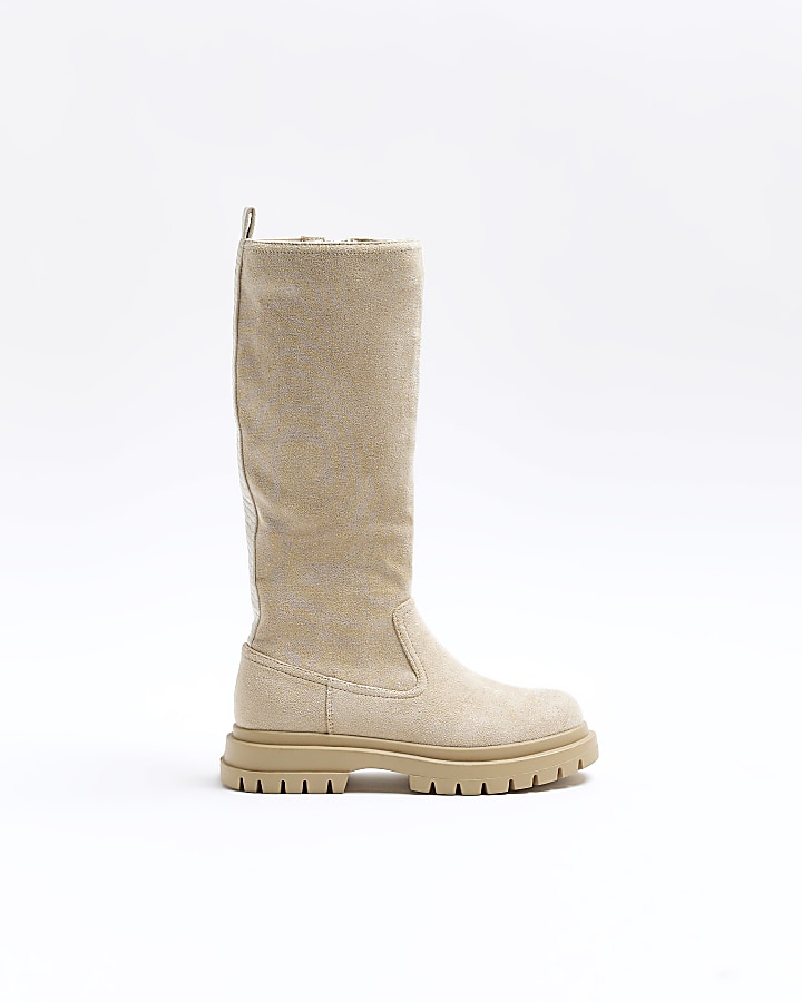 Girls beige suedette calf boots