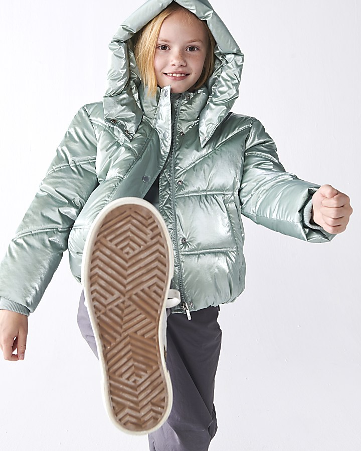 Girls mint hooded metallic puffer jacket