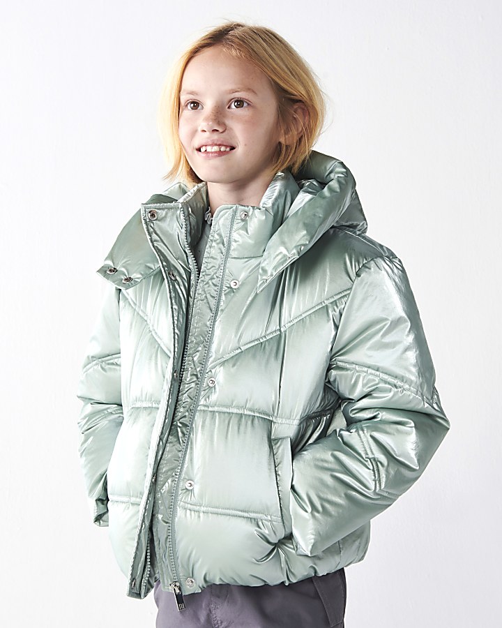 Girls mint hooded metallic puffer jacket