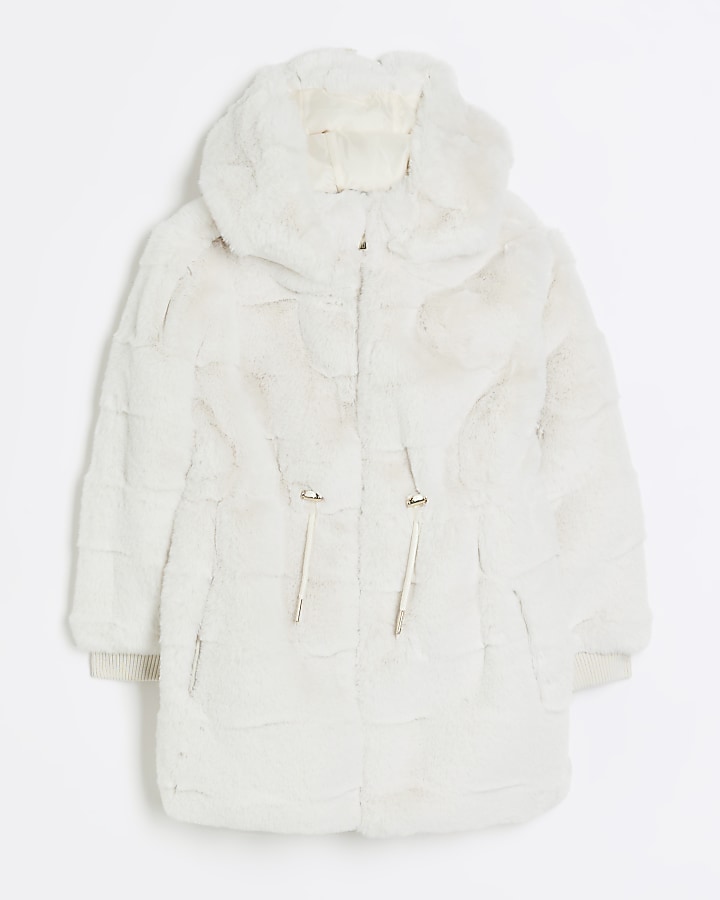 Girls cream hooded faux fur coat