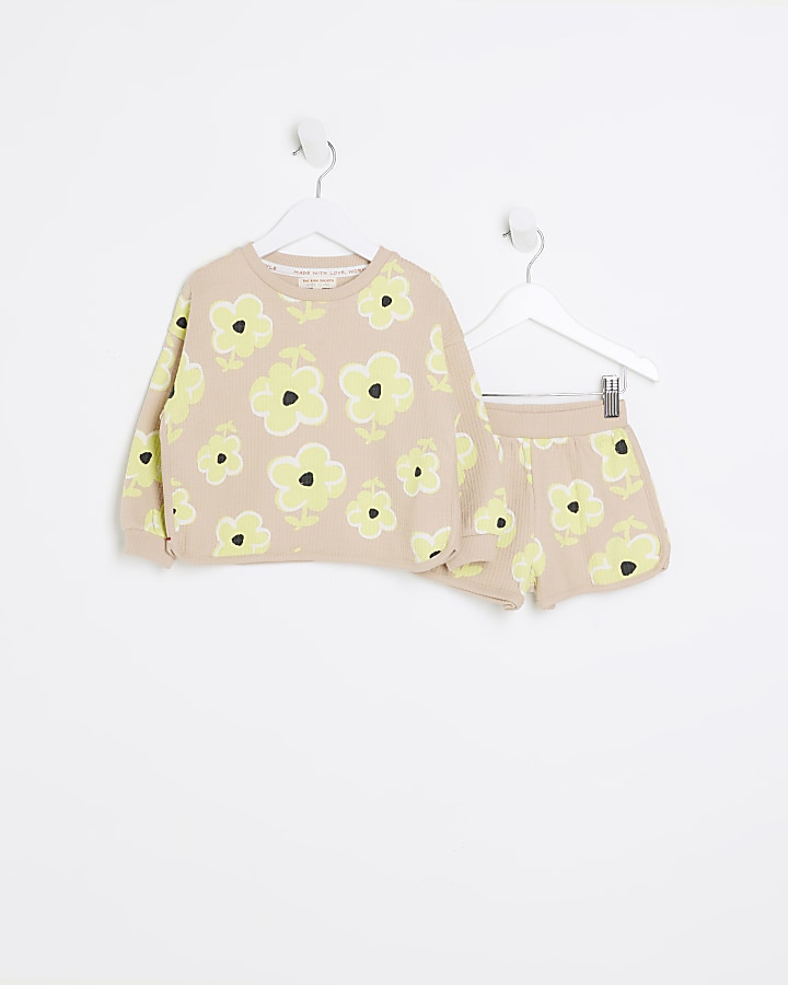 Mini girls beige floral sweat and shorts set