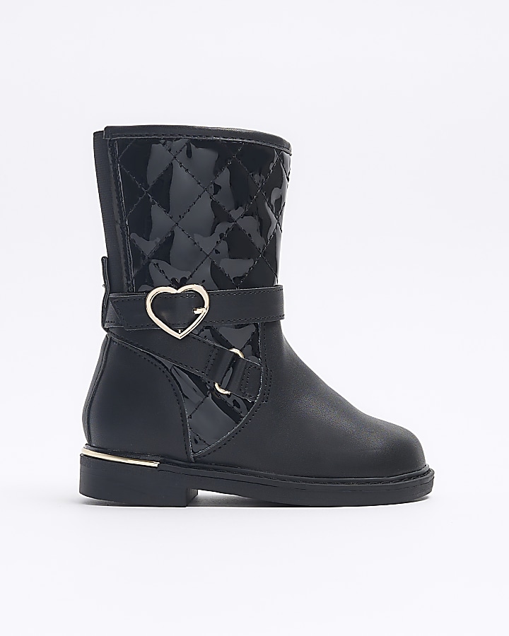 Mini girls black heart buckle knee high boots