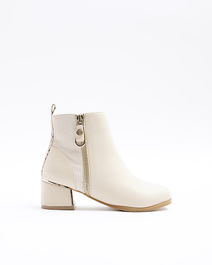 Girls cream side zip heeled boots