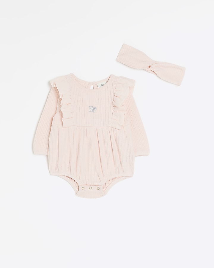 Baby girls pink romper and headband set