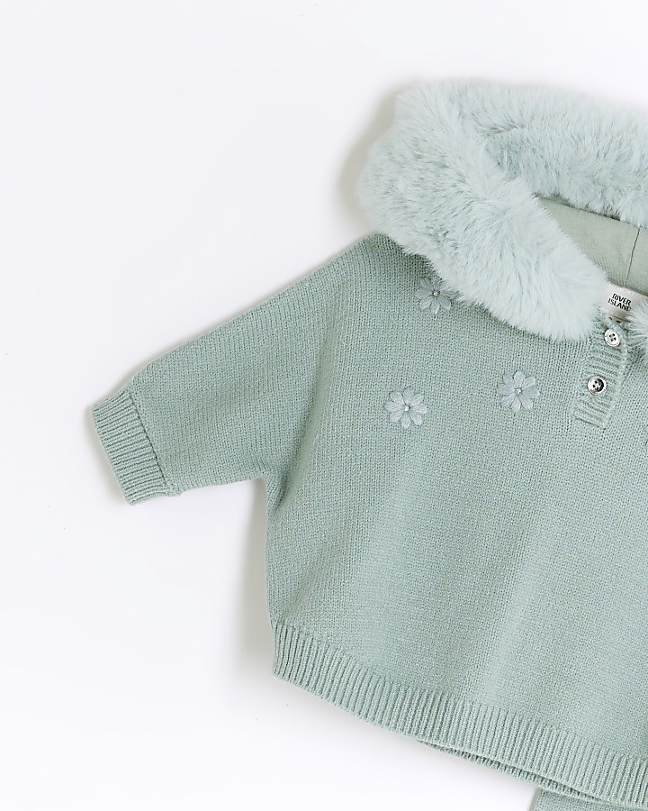 Baby girls green embroidered knit poncho set