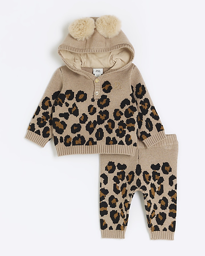 Baby girls brown knitted leopard jumper set