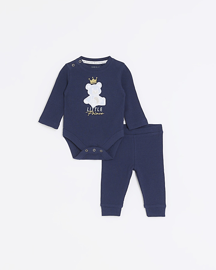 Baby boys navy embroidered all in one set