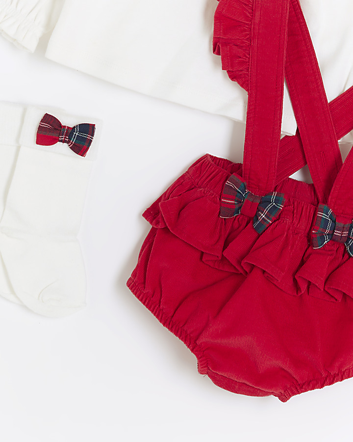 Baby girls red frill bloomers check bow set