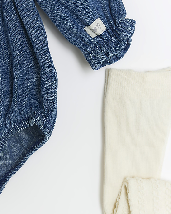Baby girls blue denim romper and tights set River Island