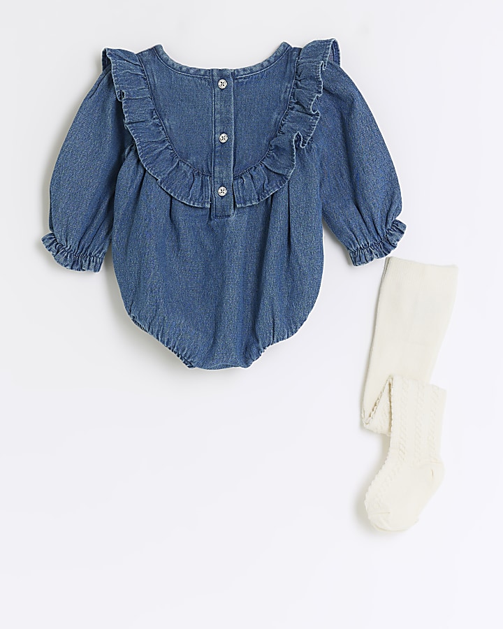 Baby girls blue denim romper and tights set River Island