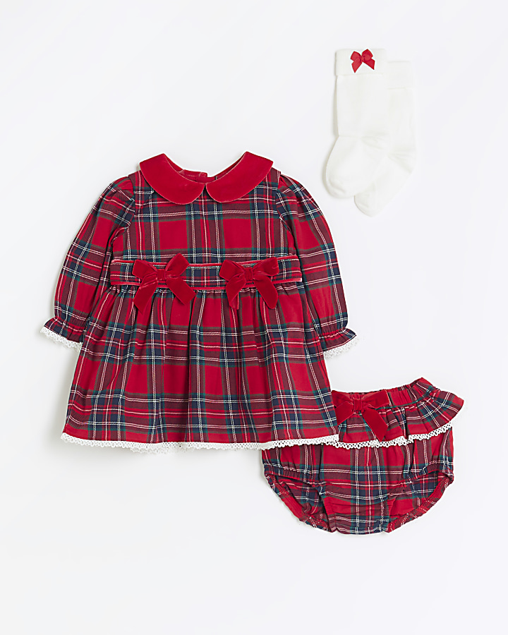 Baby girls red velvet check dress set