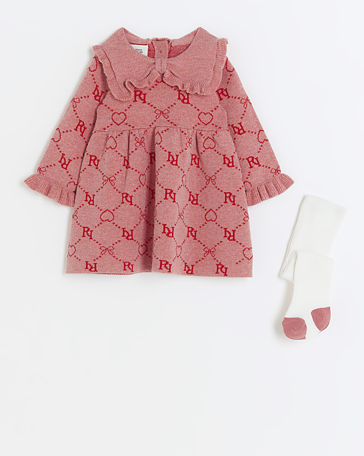 Baby girls pink knitted monogram dress set
