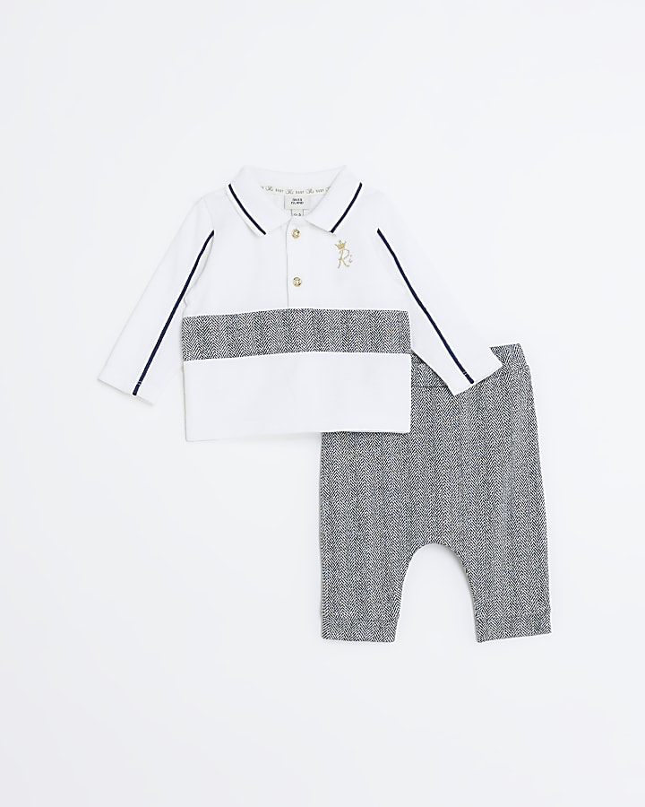 Baby boys navy herringbone polo set