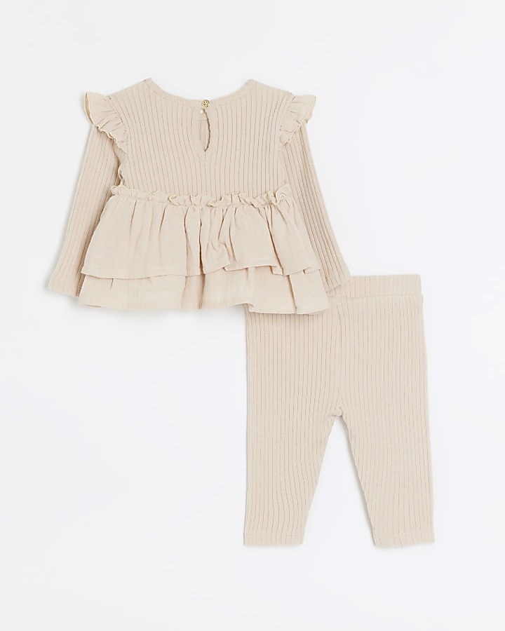 Baby girls beige ribbed double peplum outfit