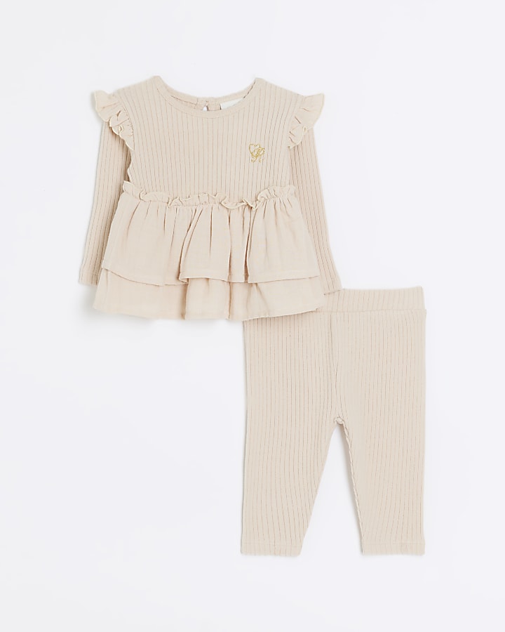 Baby girls beige ribbed double peplum outfit