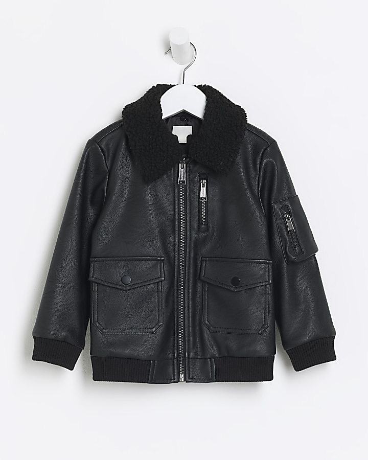 Petite Black Faux Leather Aviator Jacket