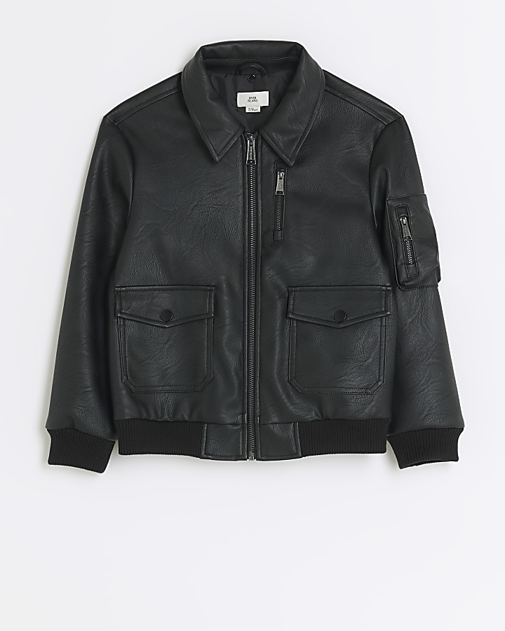 Boys black faux leather bomber jacket