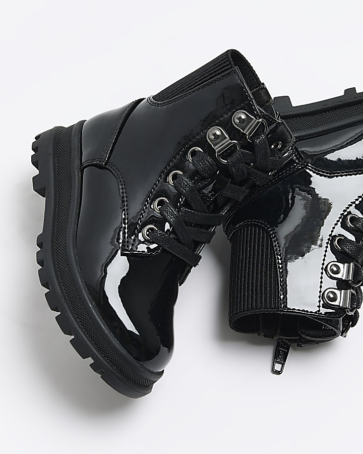 Mini girls black patent hiker boots