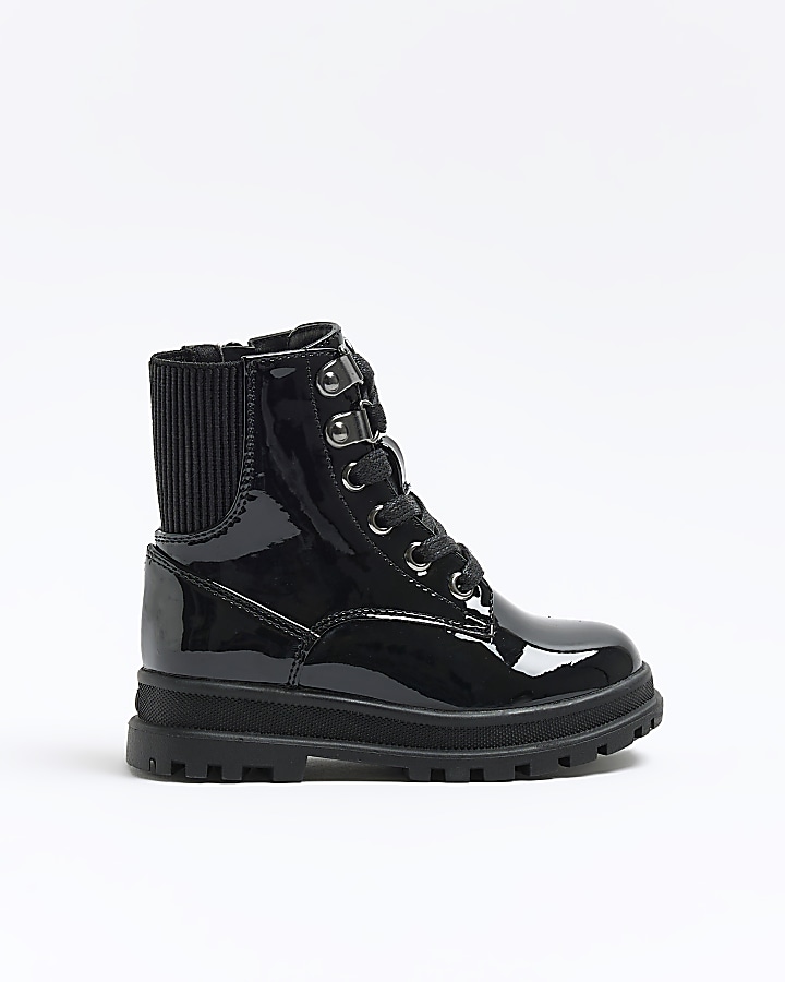 Mini girls black patent hiker boots