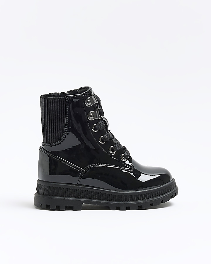 Girls black patent store lace up boots