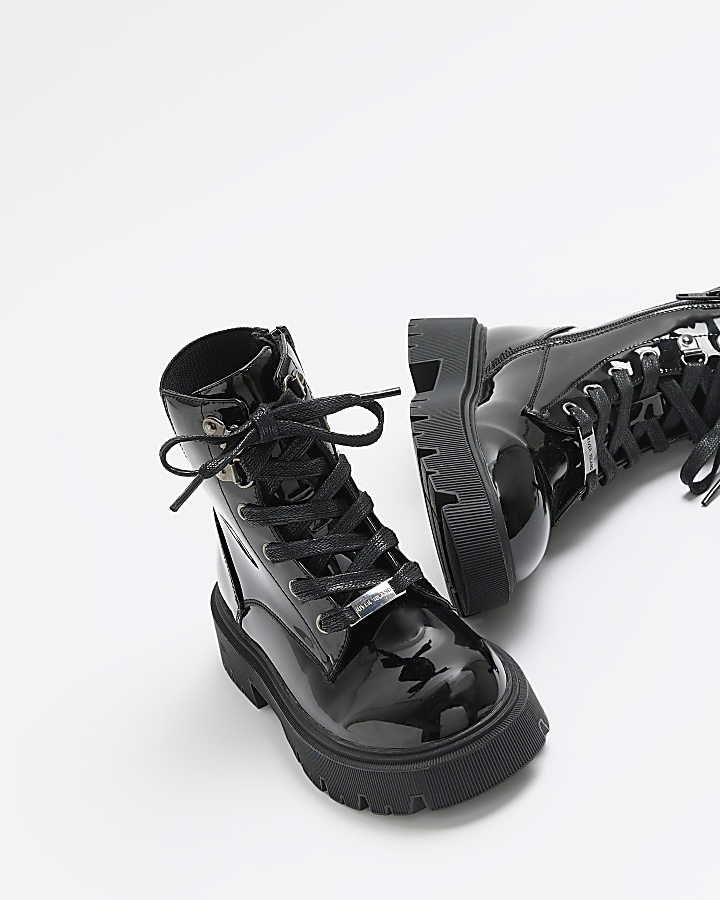 Girls black patent hiker chunky boots