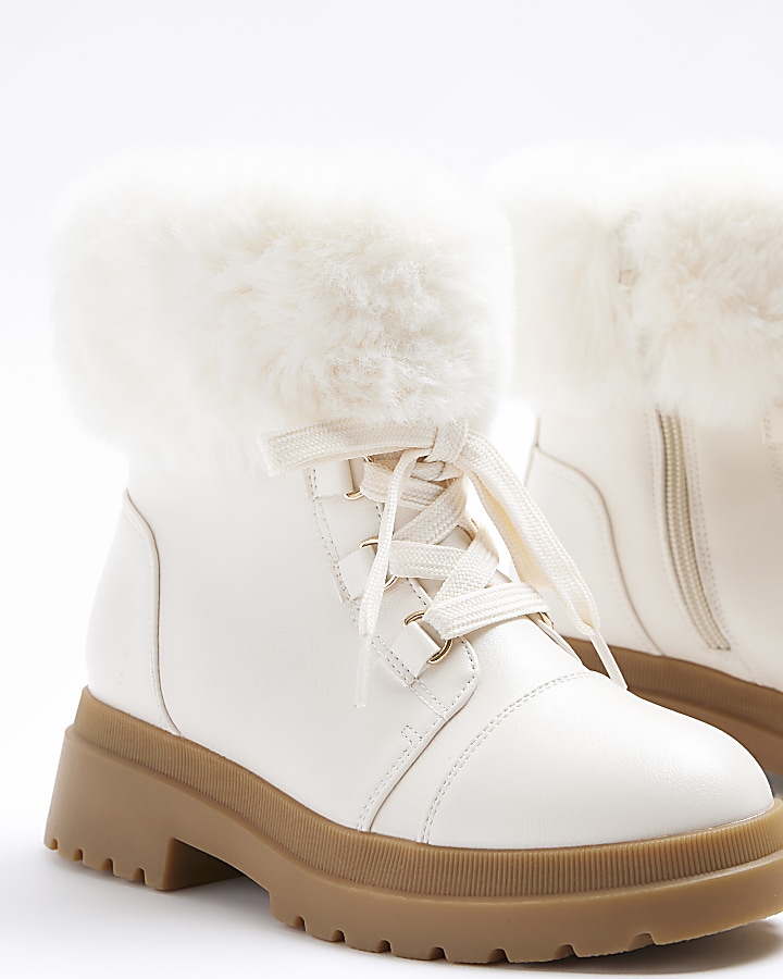 Girls cream faux fur trim hiker boots