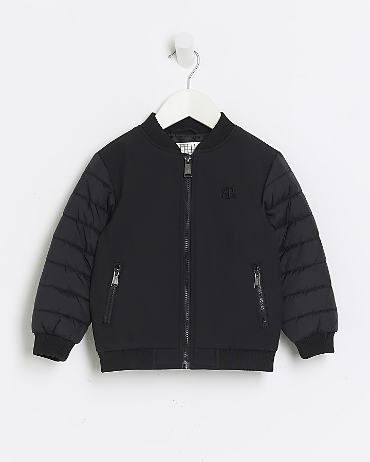 Mini boys black padded sleeve bomber jacket