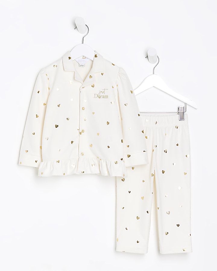 Mini girls Cream Heart Print Pyjama set