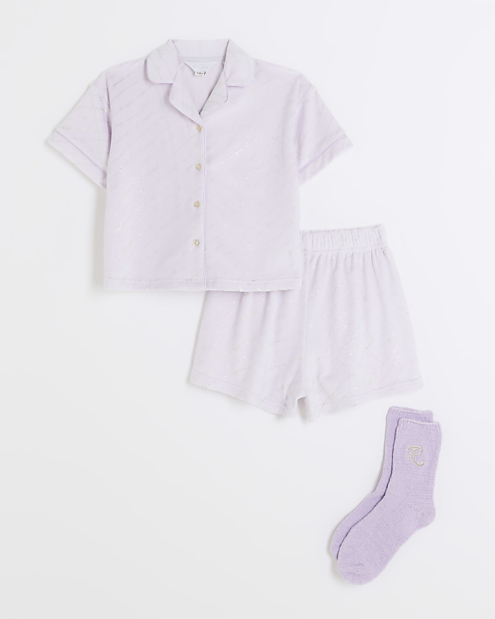 Girls Purple Stripe Foil Velour Pyjama set