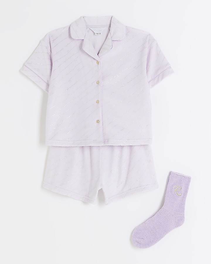 Girls Purple Stripe Foil Velour Pyjama set
