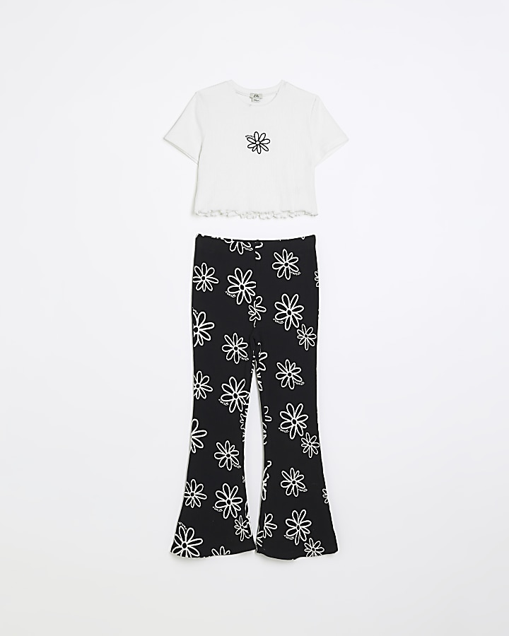 Girls Ecru Floral Ribbed flares outfit
