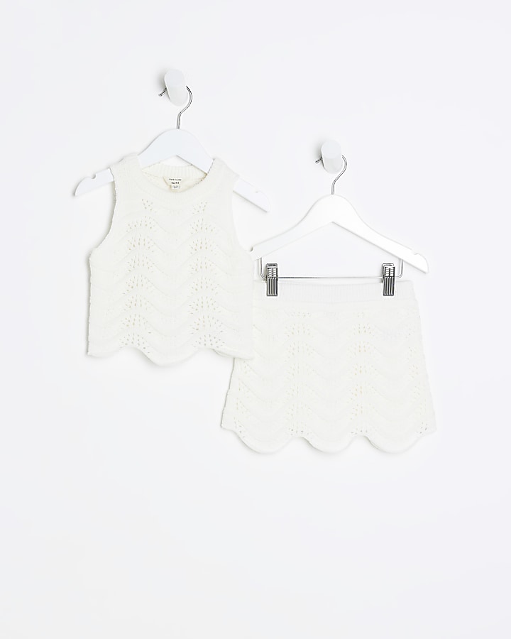 Mini girls cream crochet top and skirt set