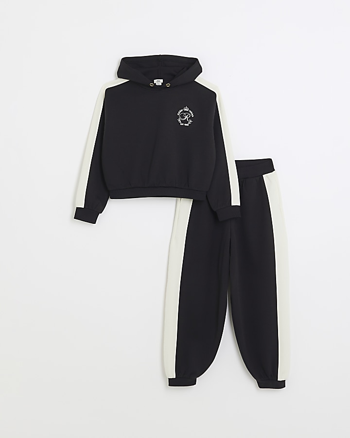 Girls black taped hoodie and joggers set