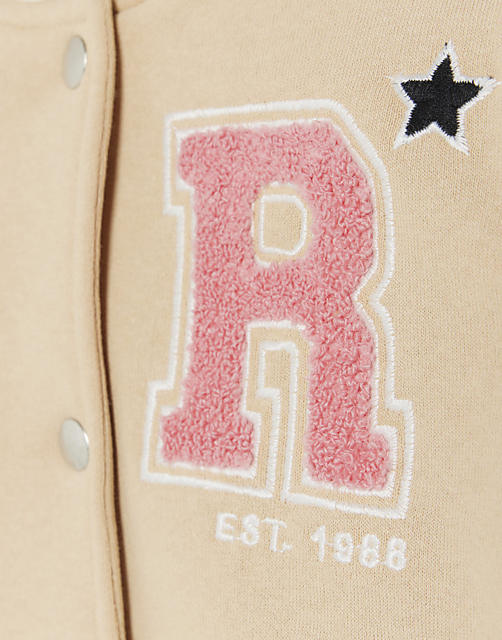 Mini girls beige embroidered bomber jacket | River Island