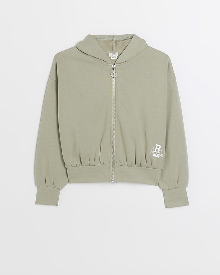 Girls khaki zip up hoodie River Island