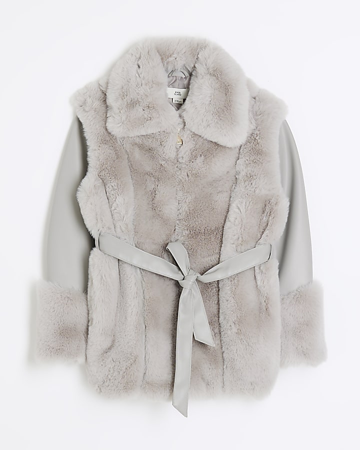 Girls grey faux fur faux leather coat