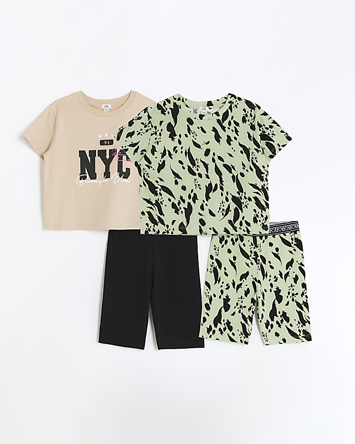 Girls khaki t-shirt and cyclist shorts 4 pack