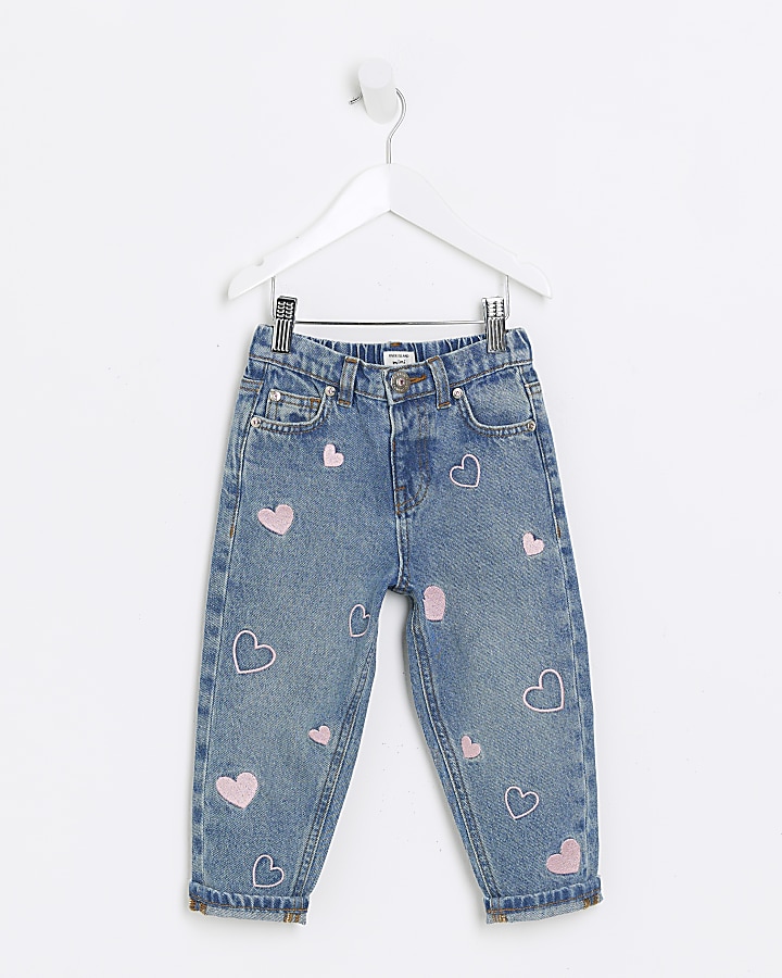 Mini girls blue embroidered heart mom jeans