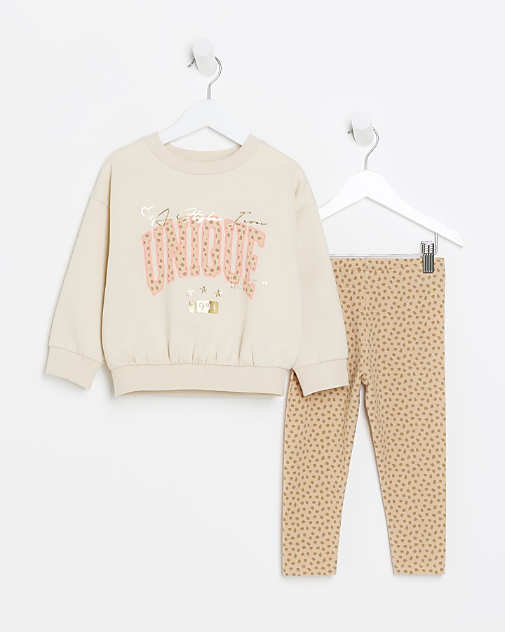 Mini girls beige animal print sweatshirt set
