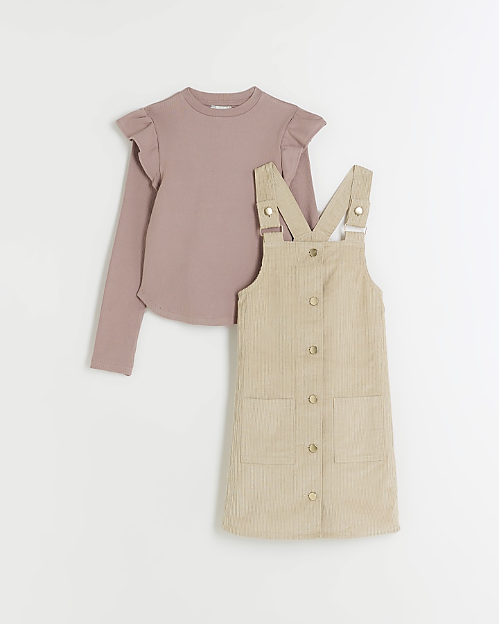 Girls beige cord pinafore dress set