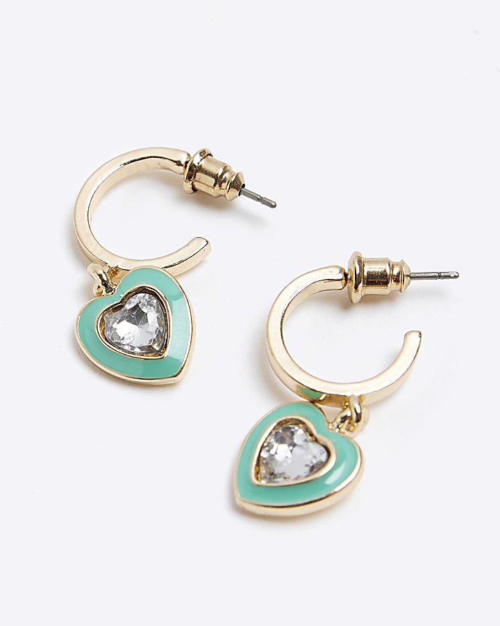 Girls green heart hoop earrings