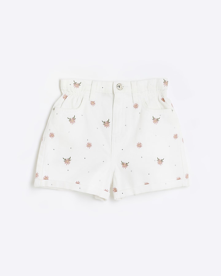 Girls white embroidered floral shorts